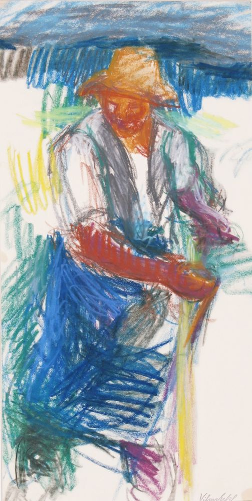 Eckl, Vilma  (1892 - 1982)  Farmer with Scythe  Colour chalk drawing  Estate seal  19.88x17.12"
