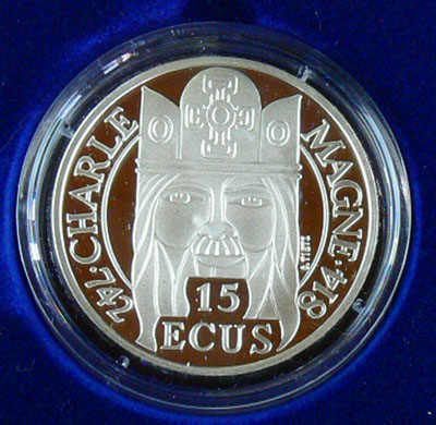 Frankreich 1990, 100 Francs (15 ECU) - Silbermünze "Karl der Große". 900er Silber, Durchmesser 37