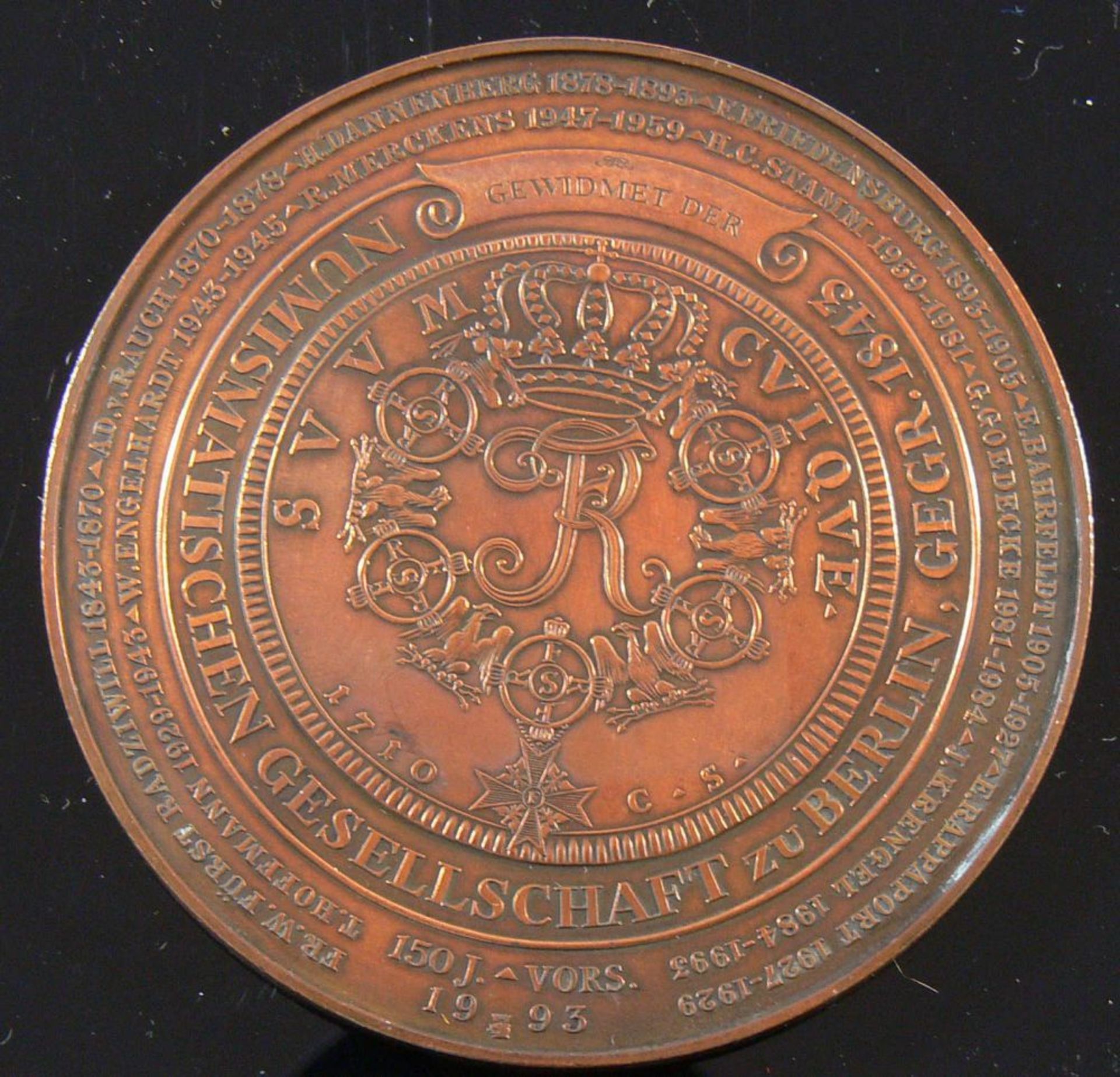 sehr seltene Medaille aus Kupfer, "Zur 150 Jahrfeier der numismatischen Gesellschaft zu Berlin",