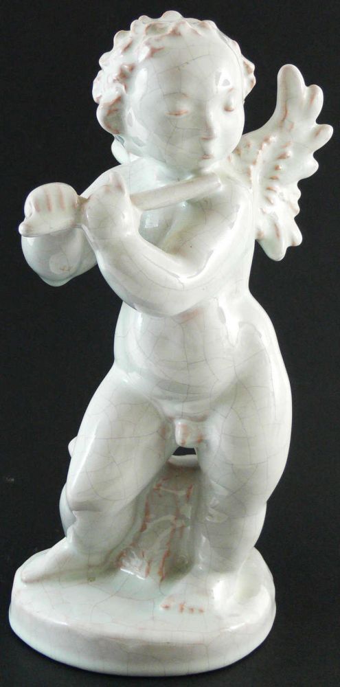 wohl Wiener Werkstätte, Fayence-Keramikfigur, " Flöte spielender Engel", am Boden blaue
