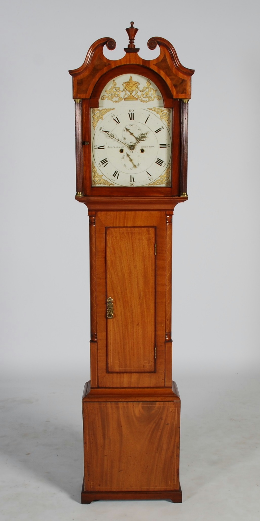 A George III mahogany and boxwood lined longcase clock, JNo. CLELAND, EDINBRO., the enamel dial with