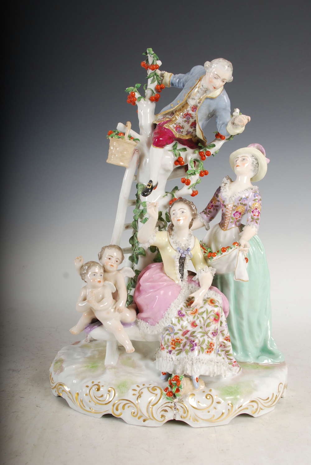 A pair of Meissen style porcelain figure groups, one modelled with lady on a swing with attendants - Image 6 of 12