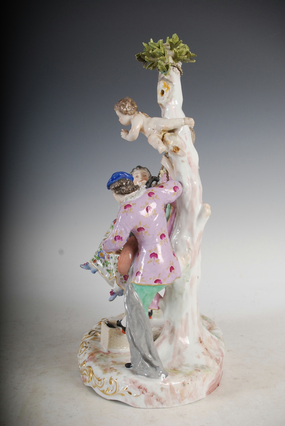 A pair of Meissen style porcelain figure groups, one modelled with lady on a swing with attendants - Image 11 of 12