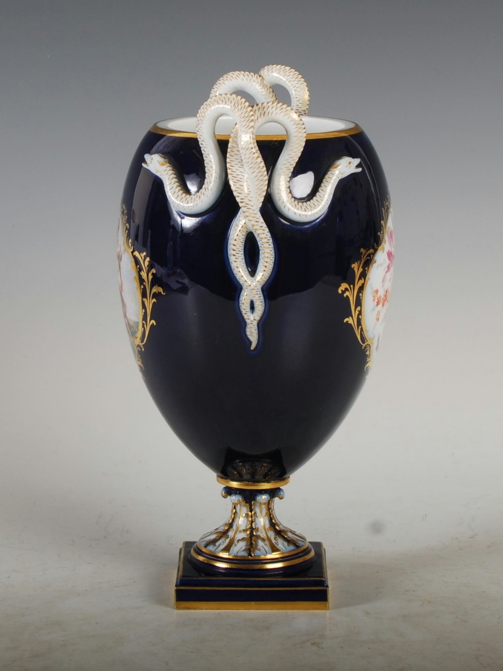 A Meissen cobalt blue ground twin handled urn, decorated with painted panels of colourful flowers, - Image 2 of 7