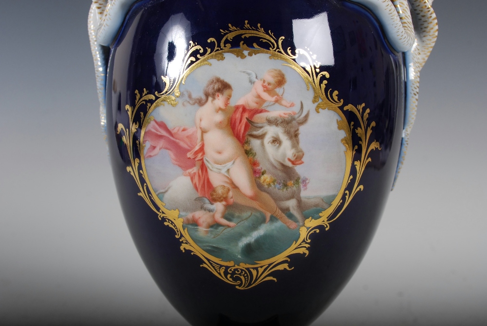 A Meissen cobalt blue ground twin handled urn, decorated with painted panels of colourful flowers, - Image 6 of 7