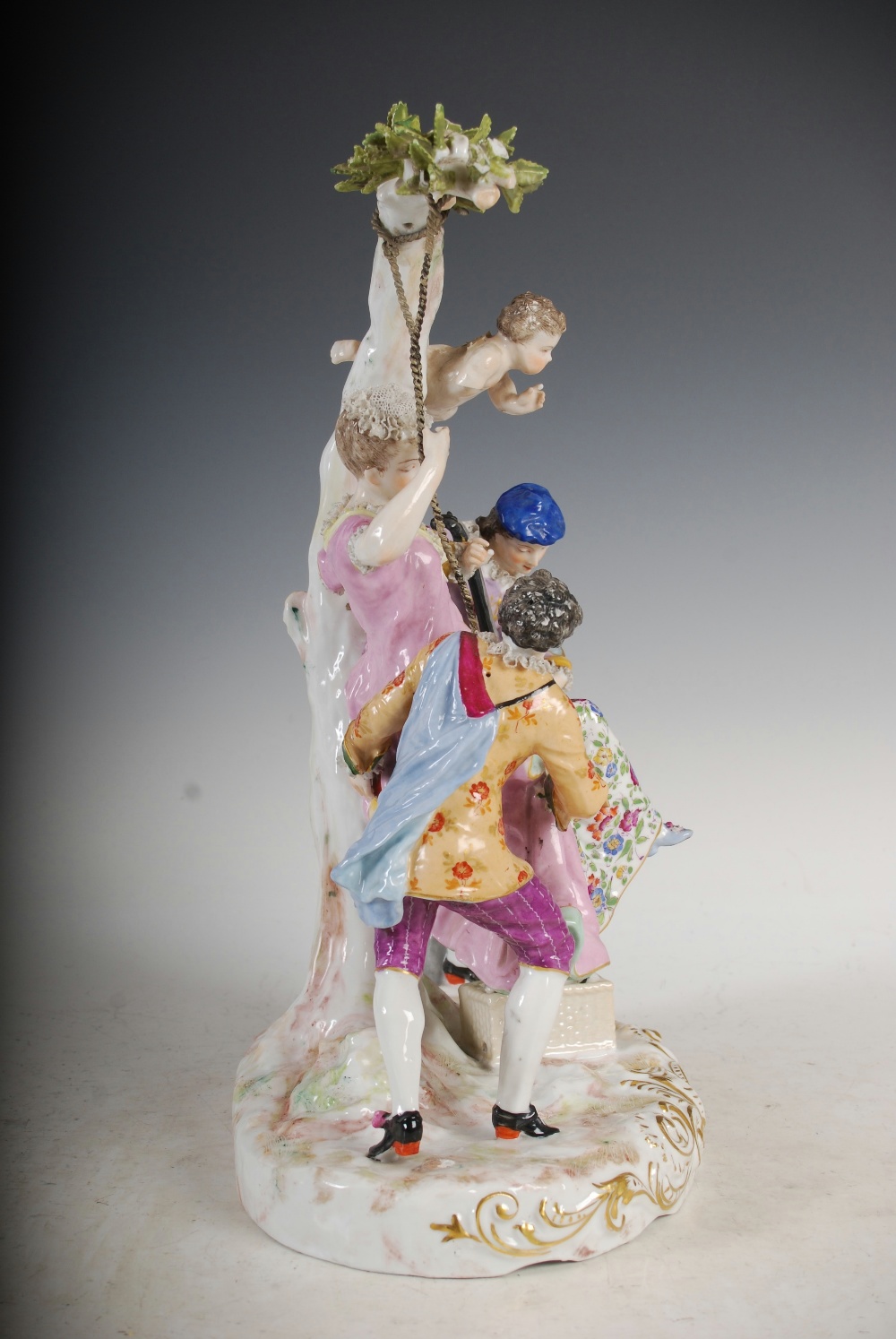 A pair of Meissen style porcelain figure groups, one modelled with lady on a swing with attendants - Image 2 of 12