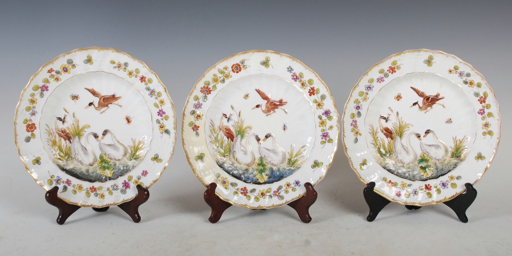 A set of six Naples porcelain dessert plates, with moulded decoration of swans and herons within a - Image 7 of 10