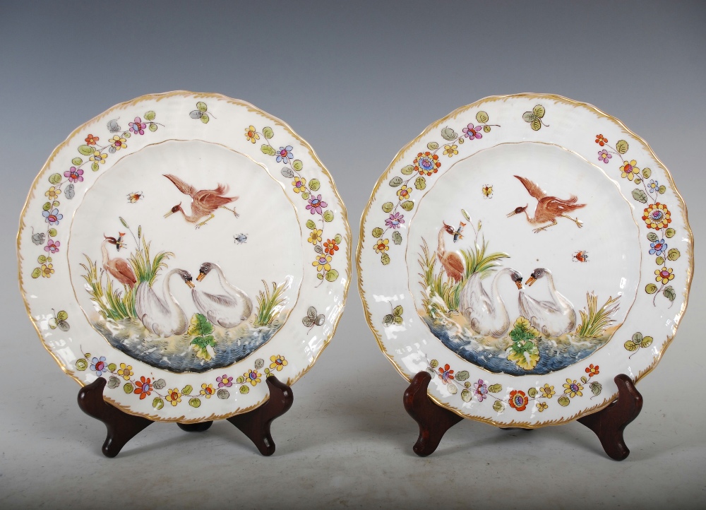 A set of six Naples porcelain dessert plates, with moulded decoration of swans and herons within a - Image 5 of 10