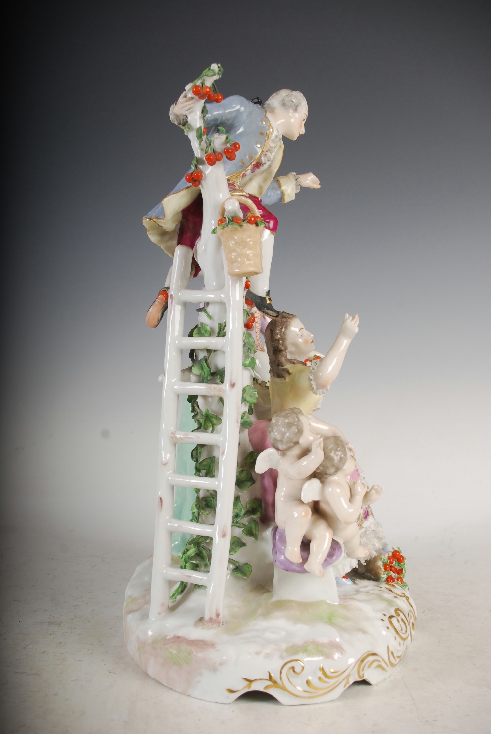 A pair of Meissen style porcelain figure groups, one modelled with lady on a swing with attendants - Image 9 of 12
