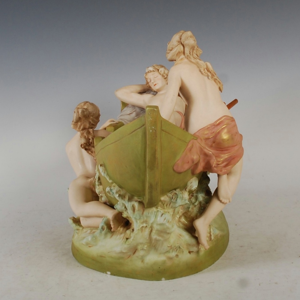 A Royal Dux porcelain figure group of a boy reclining in a fishing boat with two maidens, applied - Image 2 of 10