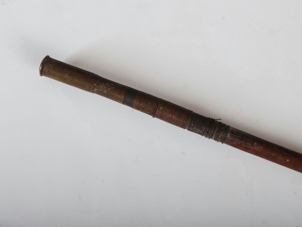 A late 19th century African Tribal spear, with double edged blade, copper wire binding and tapered - Image 4 of 5