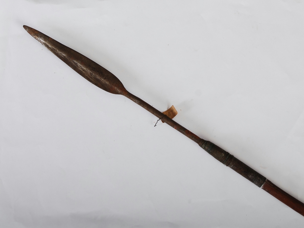 A late 19th century African Tribal spear, with double edged blade, copper wire binding and tapered - Image 2 of 5