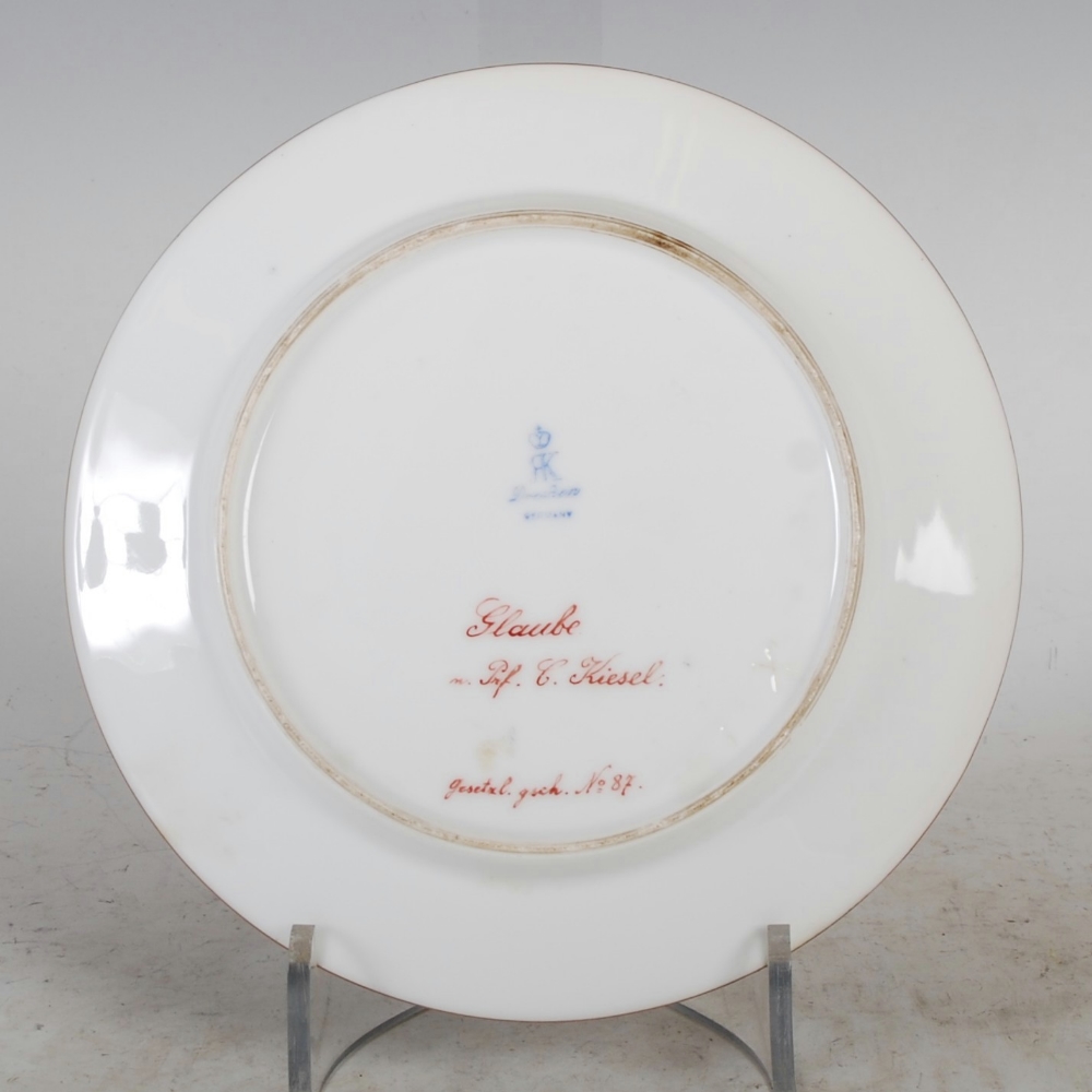 A Dresden hand painted porcelain cabinet plate `Glaube` by C. Kiesel, decorated with an Art Nouveau - Image 2 of 4