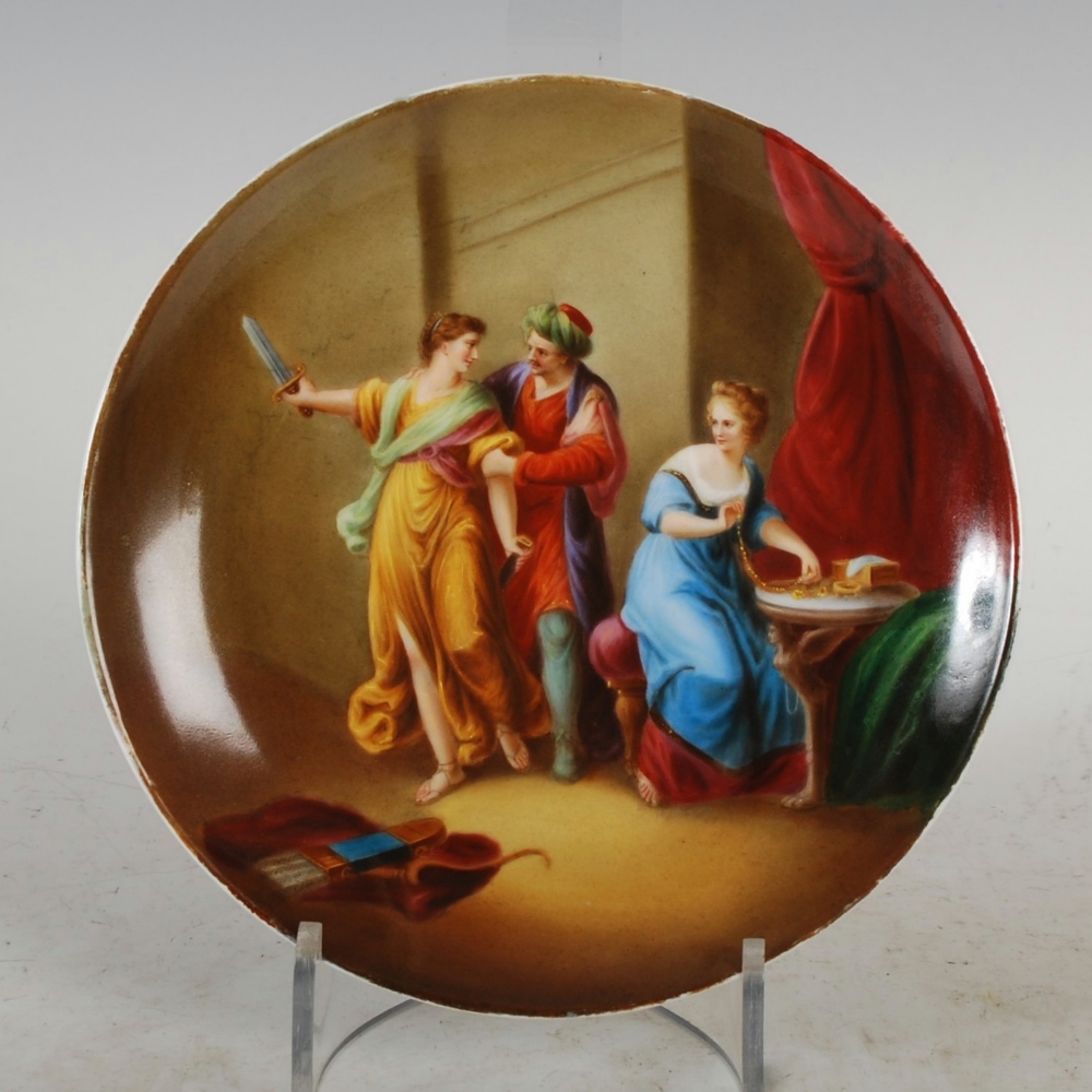 A Vienna porcelain hand painted cabinet plate titled `Ullysses et Achylles`, shield-shaped mark,