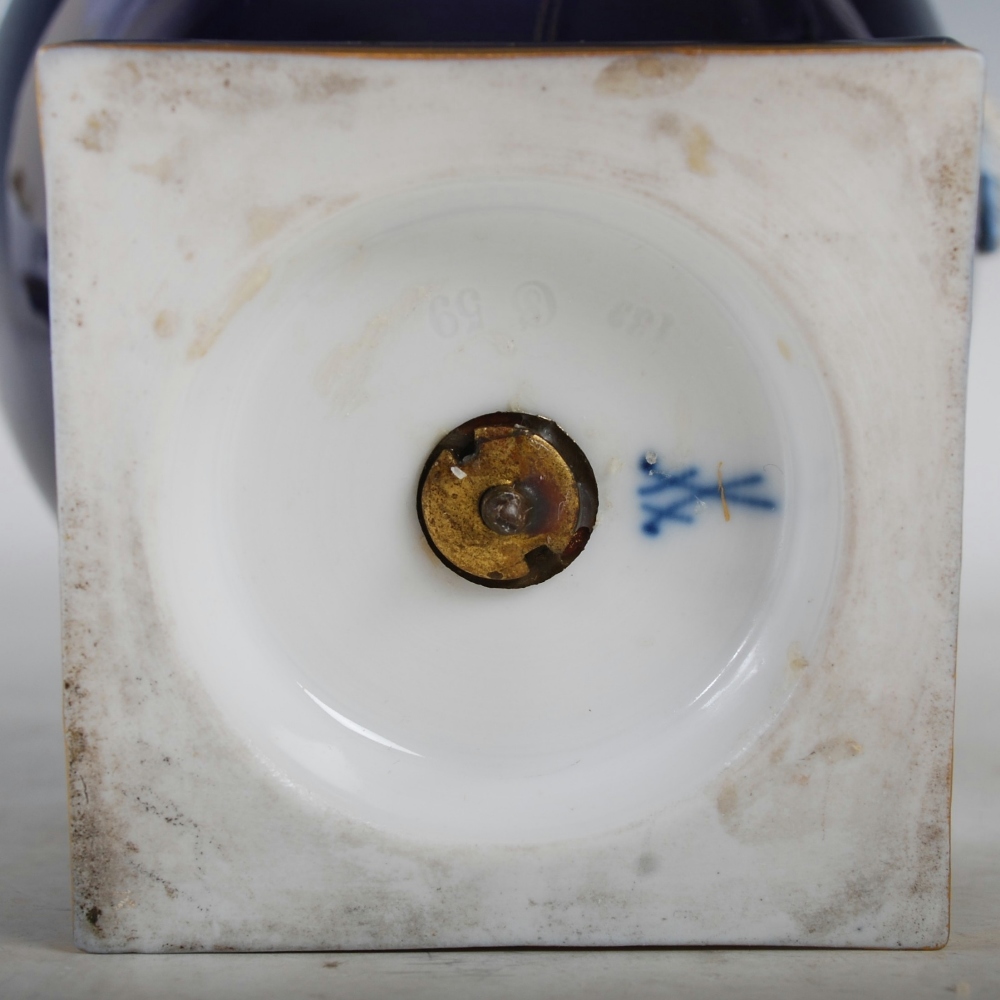 A Meissen cobalt blue ground twin handled urn, decorated with painted panels of colourful flowers, - Image 5 of 7