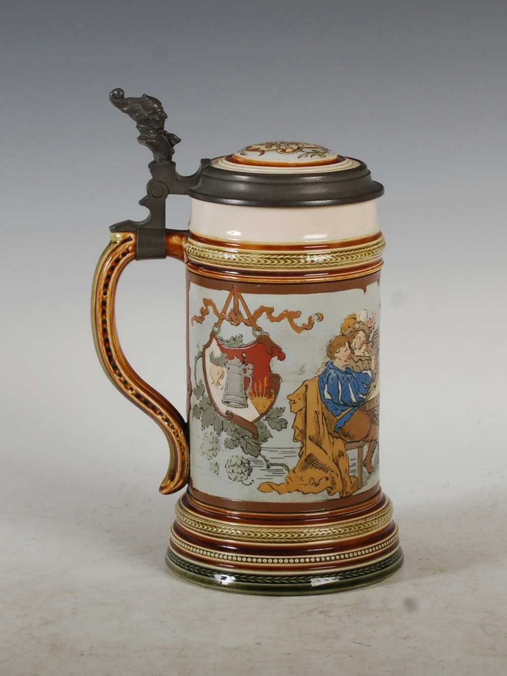 A Mettlach pewter mounted stoneware stein `GES- GESCH`, with incised decoration of figures in a - Image 4 of 9