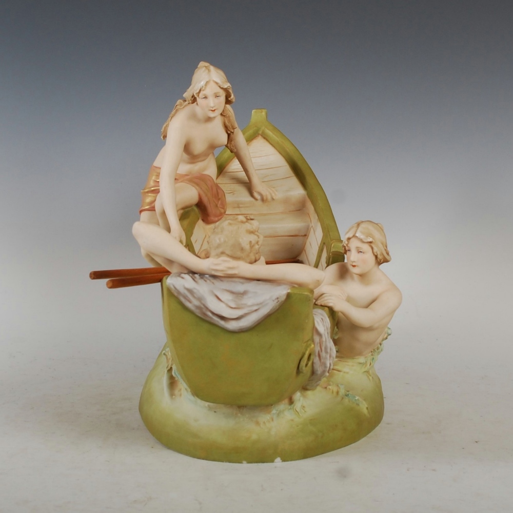 A Royal Dux porcelain figure group of a boy reclining in a fishing boat with two maidens, applied - Image 4 of 10