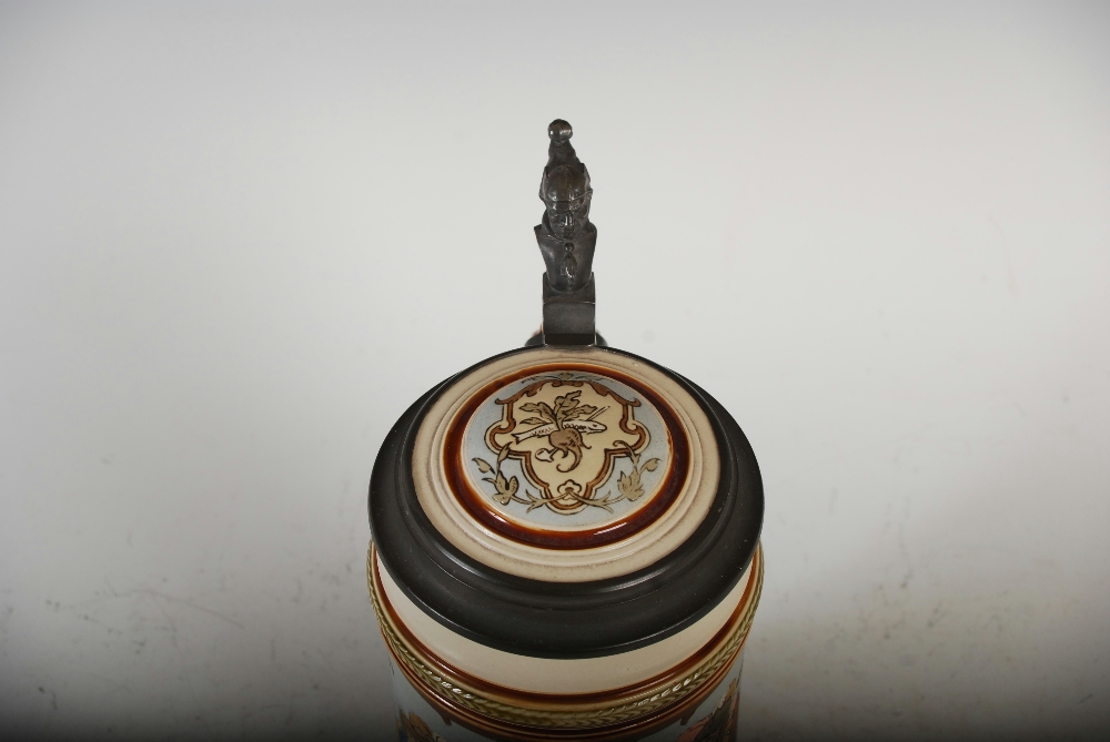 A Mettlach pewter mounted stoneware stein `GES- GESCH`, with incised decoration of figures in a - Image 6 of 9