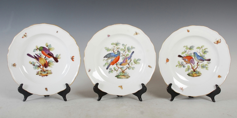A set of six Meissen porcelain fruit plates, decorated with pairs of birds perching on branches and - Image 2 of 9