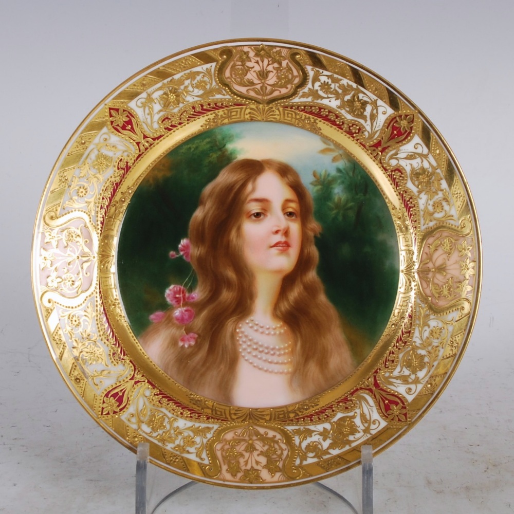 A Dresden hand painted porcelain cabinet plate `Glaube` by C. Kiesel, decorated with an Art Nouveau