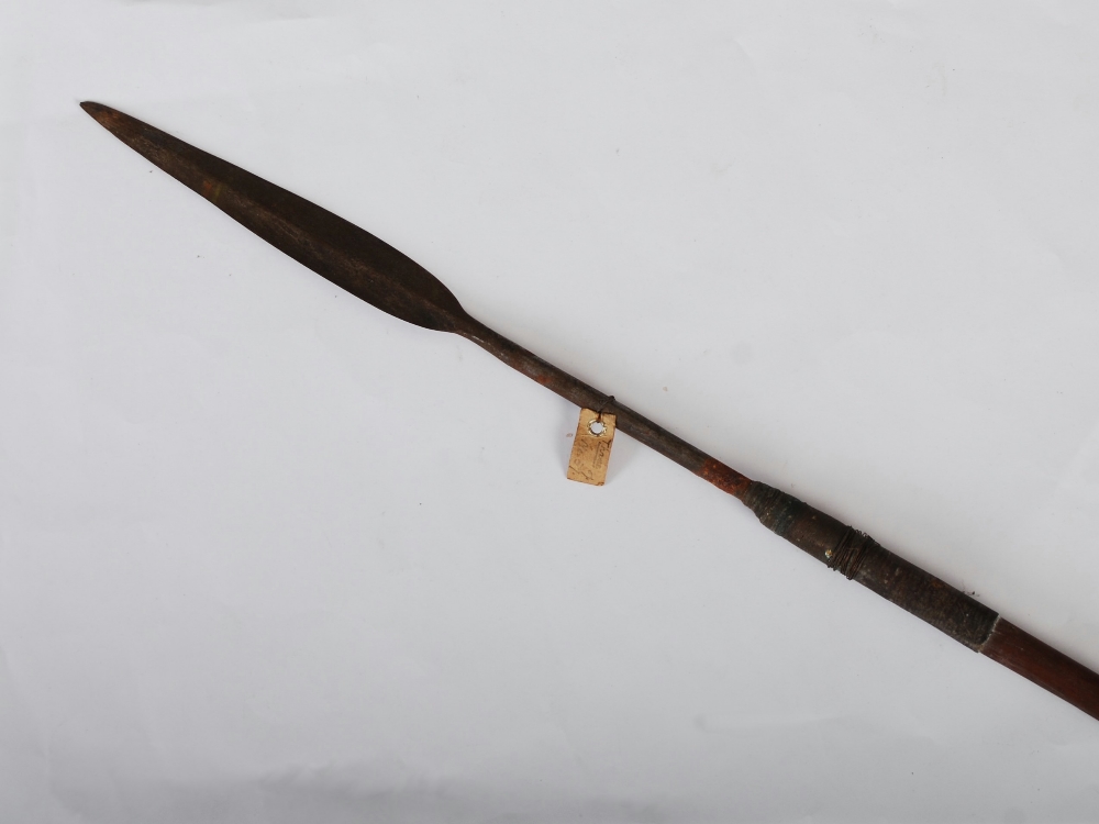 A late 19th century African Tribal spear, with double edged blade, copper wire binding and tapered - Image 3 of 5