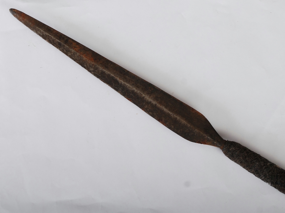 A late 19th century African Tribal stabbing spear, with long double edged blade, with intricately - Image 2 of 5