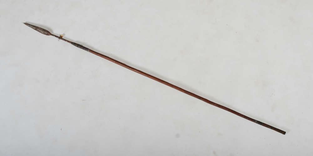 A late 19th century African Tribal spear, with double edged blade, copper wire binding and tapered - Image 5 of 5