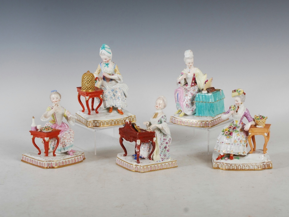 A group of five Meissen porcelain figures groups illustrating the Five Senses, See, incised `E.3`