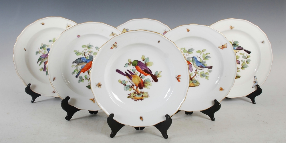 A set of six Meissen porcelain fruit plates, decorated with pairs of birds perching on branches and