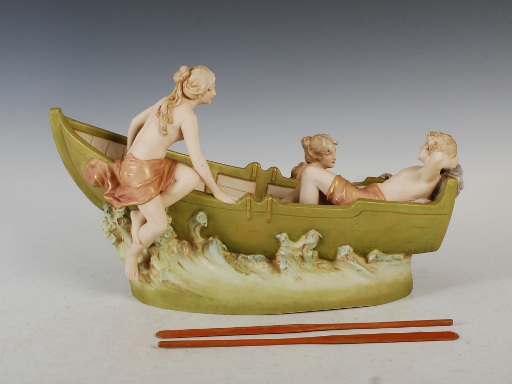 A Royal Dux porcelain figure group of a boy reclining in a fishing boat with two maidens, applied - Image 3 of 10