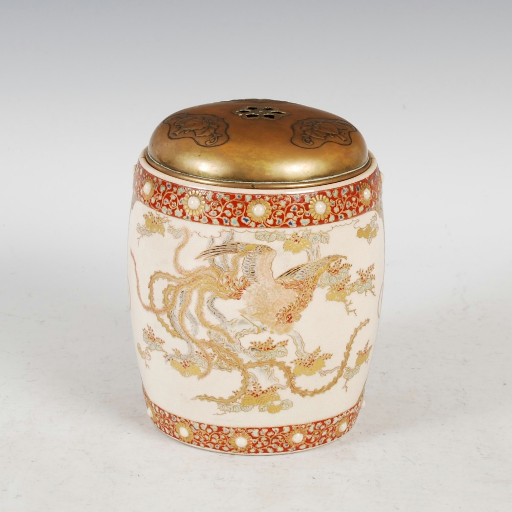A Japanese Satsuma pottery jar and bronzed metal cover, Meiji Period, decorated with panels of