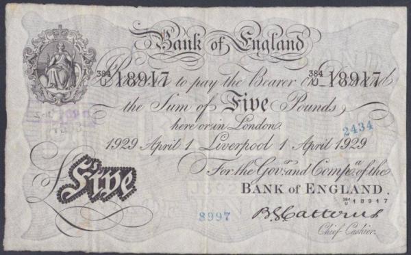 Five pounds Catterns white B228e dated 1st April 1929, series 384/U 18917, a scarce LIVERPOOL