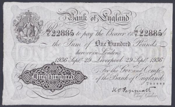 One hundred pounds Peppiatt white B245 dated 29th September 1936 series 96/Y 22885, LIVERPOOL