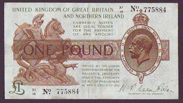 One pound Warren Fisher T34 issued 1927 last series X1/14 775884, Northern Ireland in title,