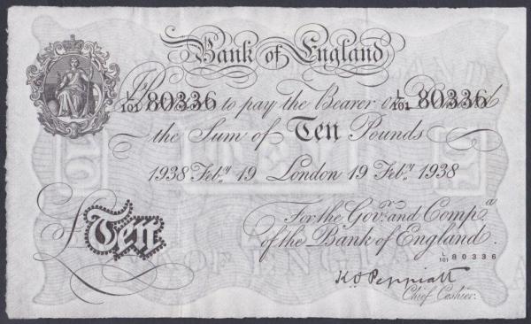 Ten pounds Peppiatt white B242 dated 19th February 1938 series L/101 80336, EF