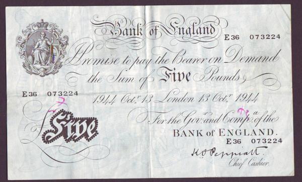 Five pounds Peppiatt white B255 thick paper dated 13th October 1944 series E36 073224, inked