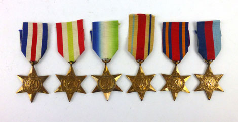 A collection of six Second World War stars to include the Africa star, 1939-45 star, the Italy star,