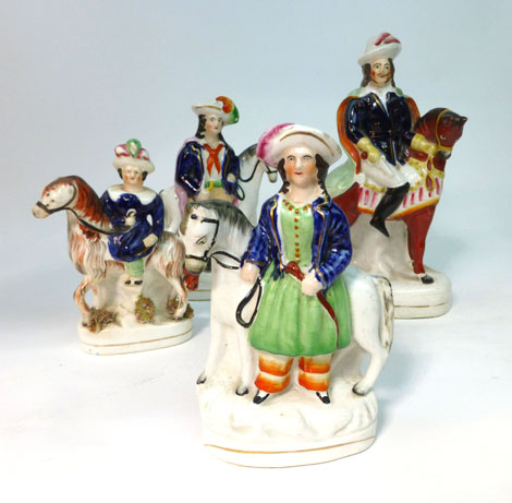 A Staffordshire equestrian figure modelled as (?) King Charles I, h. 22 cm, together with a pair