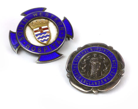 Of nursing interest: Two silver and enamel decorated badges for the South Western Hospital and The