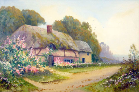 Reginald Daniel Sherin (1891 - 1971),
Thatched cottages by a country lane,
Signed lower left, Artist