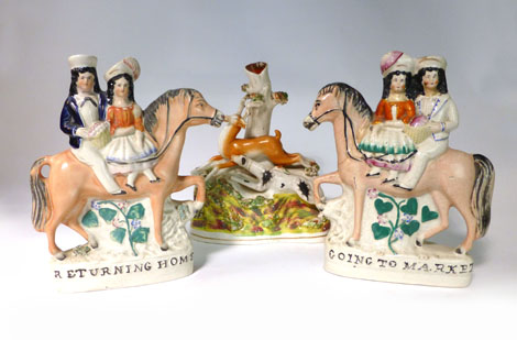 A pair of Staffordshire equestrian figures titled 'Going to Market' and 'Returning Home', h. 22