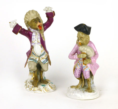 A pair of late 19th/ early 20th century Meissen style monkey band figures, 'Scissor Factory',