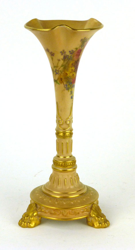 A Royal Worcester blush ivory vase, date code for 1907, of trumpet form, printed and painted with