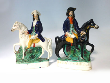 A pair of Staffordshire equestrian figures titled 'Dick Turpin' and 'Tom King', h. 30 cm (Pugh