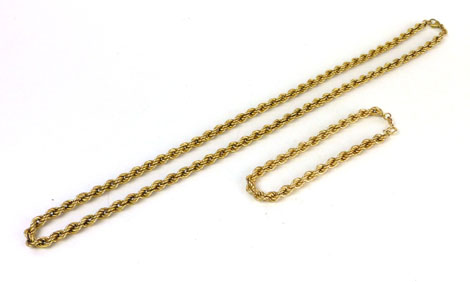 A 9ct yellow gold rope twist necklace and matching bracelet, approx. 14 gms