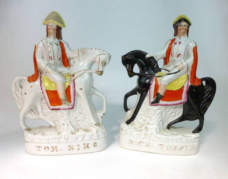 A pair of Staffordshire equestrian figures titled 'Tom King' and 'Dick Turpin', max h. 30.5 cm (Pugh