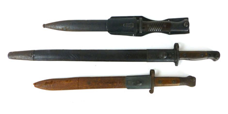 A Wilkinson 1907 pattern bayonet and scabbard, another bayonet stamped Durkopp 1567 with metal and