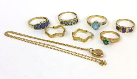 A group of six 9ct yellow gold and yellow metal dress rings set various stones, a pair of yellow
