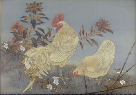Indian School,
Cockerel and chicken among flowers and foliage, 
Watercolour on silk,
48 x 66 cm