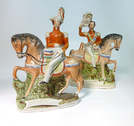 A pair of Staffordshire equestrian figures of General Sir Colin Campbell and titled 'G. Campbell'